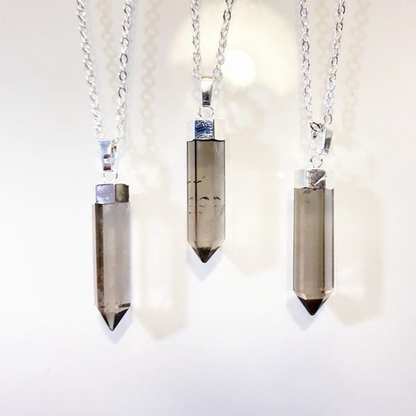 New Arrival Slender Smoking Crystal Quartz Point Pendant with Gold Electroplated, Silver Natural Gemstone Quartz Point Necklace (P85G54_15)
