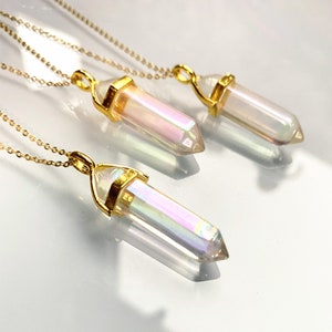 Angle Aura Quartz Point Necklace, Natural Gemstone Healing Crystal Double Terminated Point Pendant, Gold Plated Bails Quartz Pencil Points