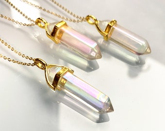 Angle Aura Quartz Point Necklace, Natural Gemstone Healing Crystal Double Terminated Point Pendant, Gold Plated Bails Quartz Pencil Points