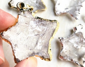 Clear Quartz Sea Star Shaped Charm Pendant Necklace, Healing Crystal Gemstone Starfish Pendant Charm Jewelry with Silver Plated, Gold