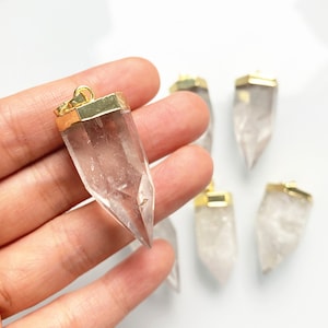 Natural Crystal Quartz Petite Spike Charm Pendant with 24k Gold Electroplated Cap and Bail
