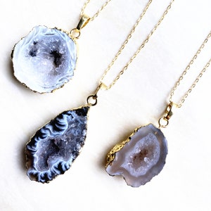 Thick-cut Natural Agate Geode Druzy Slice Pendant Necklace with Gold Electroplated Edges, Agate geode druzy drusy druzzy