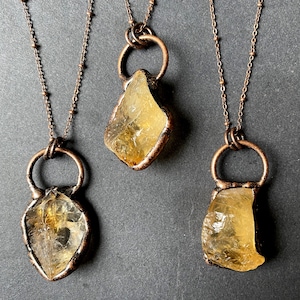 Natural Raw Citrine Crystal in Antique Rose Gold Plated, Ring with Citrine Gemstone Healing Quartz Pendant Necklace