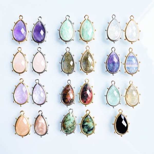 13 Gemstone Teardrop Shaped Crystal Quartz Pendant with Gold Plated, Silver Plated 14mmx22mm Teardrop Stone Wholesale 1, 5, 10, 20