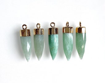 Green Aventurine Spike Point Pendant Charm with 24k gold electroplated cap - Green Crystal Healing Quartz spike pendant (SG48_05)
