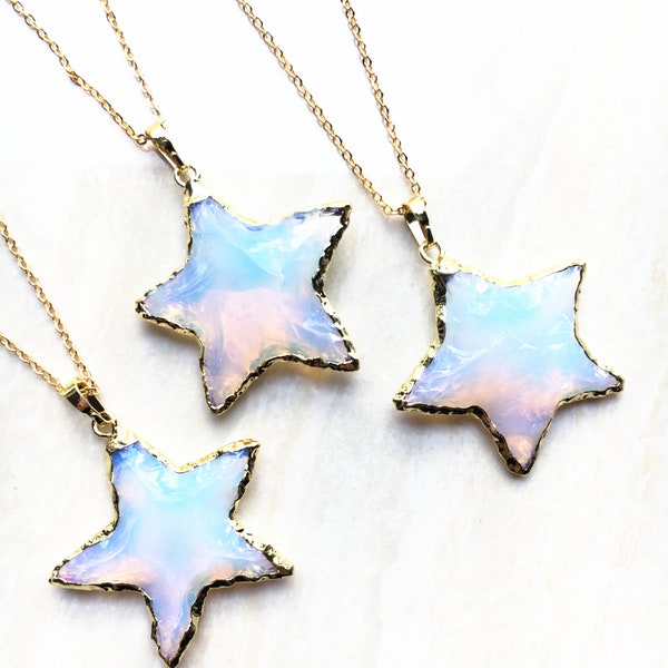 Opalite Star Shaped Charm Pendant with Gold Plated - Silver Plated Star Opalite Healing crystal stone Horn Pendant Necklace Charm Jewelry