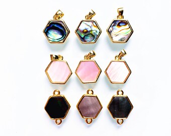 Mystic Petite Pink Black White Abalone Shell Bezel Hexagon Double Bail Charm Pendant Connector- Shell Gold Plated Bezel Hexagon Shaped