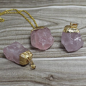 Raw Rose Quartz Pendant, Rose Quartz Charm Necklace, Pink Crystal Quartz with Electroplated Gold Edges and Bail AAA Extra Quality
