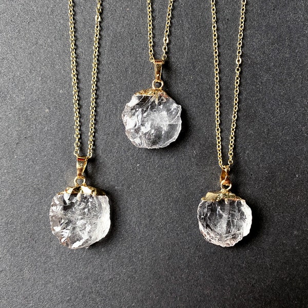 Natural Rock Quartz Round Shaped Gemstone Pendant with Gold Electroplated, Healing Crystal Quartz Pendant Necklace Chain Jewelry