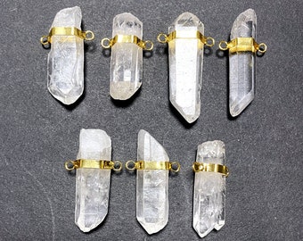 Collar de punta de cuarzo de cristal de roca crudo // Colgante de punta de cuarzo natural con doble anilla y baño de oro // Cristal curativo D1S2-06