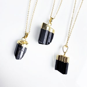 RAW Natural Black Tourmaline Charm Pendant - Raw Black Tourmaline with Gold Electroplated Cap