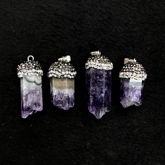 Short Amethyst Hexagon Prism Pendant Necklace // Pave Crystal Rhinestone with Amethyst Druzy Pendant
