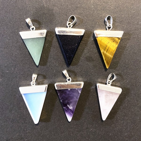 6 Gemstone for Choose, Silver Plated Triangle Quartz Pendant Necklace, Healing Crystal Druzy, Opalite, Amethyst, Aventurine, Rose Quartz