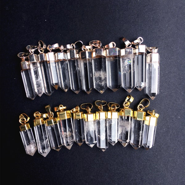 HIGH QUALITY Polished Rock Crystal Quartz Point Pendant with Electroplated Gold, Silver Plated Quartz Points Pendant Jewelry Wholesale