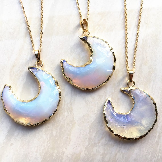 Opalite Crescent Moon Horn Charm Pendant with Gold Bails - Healing crystal stone Horn Pendant Necklace Charm Jewelry