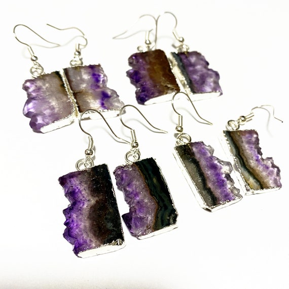 Amethyst Earrings // Silver Amethyst Earrings // Silver Raw Amethyst // Quartz Druzy Dangle Earring // Amethyst Druzy Pair Earring (xs96_9)