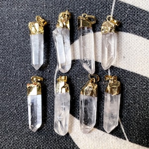 Raw Quartz Point Pendant with Electroplated 24k Gold Cap and Bail, Silver Plated Healing Crystal Point (DS54_01)