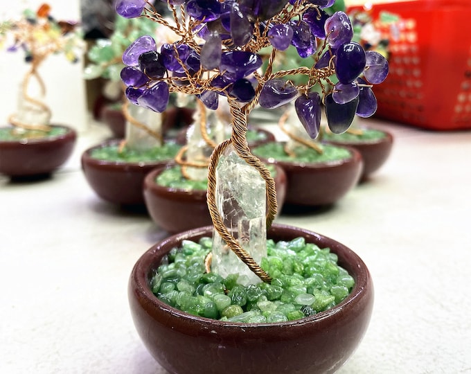 Bonsai Gemstone Tree, Raw Clear Quartz Hexagon Prism with Crystal Wire Sculpture Tree Of Life, Chakra Tree Healing Crystals - YOU CAN CHOOSE
