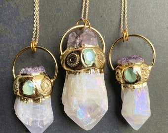 Large Ring Angel Aura Crystal Quartz Point Pendant with Electroplated Gold, Druzy Druzzy Drusy Quartz Points Pendant Necklace Jewelry