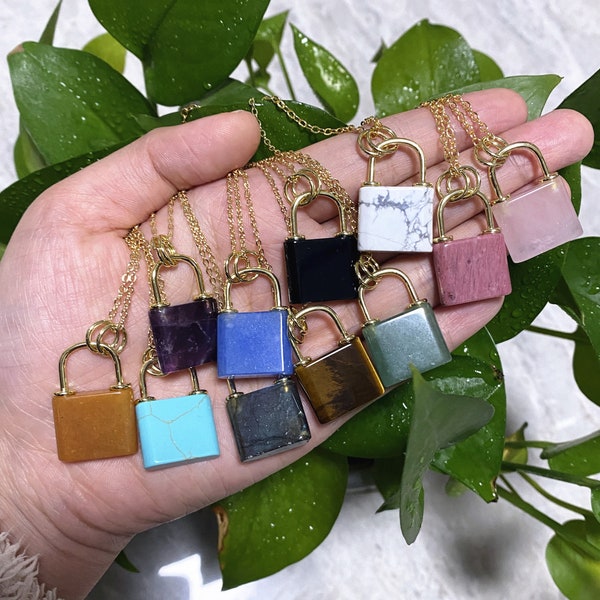 11 Gemstone Lock Pendant Necklace for Choose, Gold Plated Padlock in Amethyst, Rose Quartz, Aventurine, Turquoise, Labradorite, Rhodonite