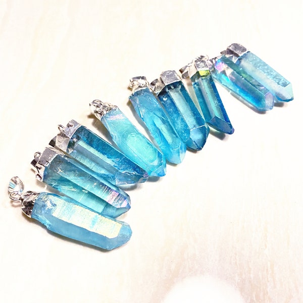 Blue Crystal Quartz Point Pendant Necklace, Blue Angel Aura Quartz Pendant with Single Electroplated Silver Bail G3N82-4