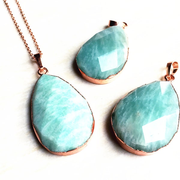 Large Amazonite Stone Druzy Drusy Pendant electroplated in Rose Gold - Faceted Amazonite Crystal Charm Necklace