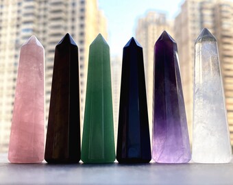 6 stones for Choose, Large Healing Stone Crystal Tower Quartz Gemstone Terminated Pencil Points, Amethyst, Rose quartz, Aventurine, Obsidian