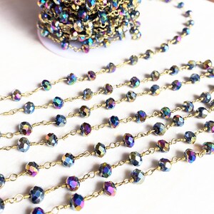Wholesale 4x6mm Faceted Rainbow Chalcedony Rosary Beaded Chain Brass Wire Wrapped chain By foot