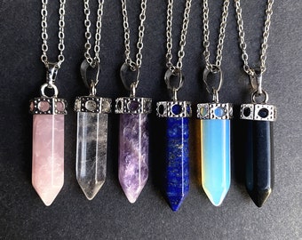 ON SALE Natural Crystal Quartz Healing Stone Point Necklace, Crystal Gemstone Pendulum Pendant With Silver Plated Bails /Layering Necklace
