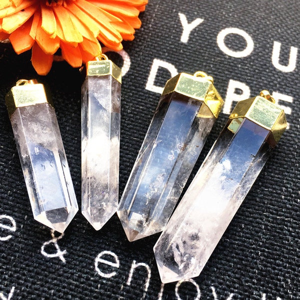 HIGH QUALITY Large Polished Rock Crystal Quartz Point Pendant with Electroplated 24k Gold Cap and Bail, Silver plated