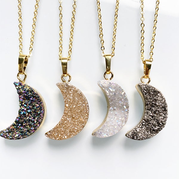 Rainbow Druzy Moon Necklace, Champagne Drusy Charm, Angel Aura Druzzy Gemstone Delicate Layering Necklace, Gold Electroplated Chain Necklace