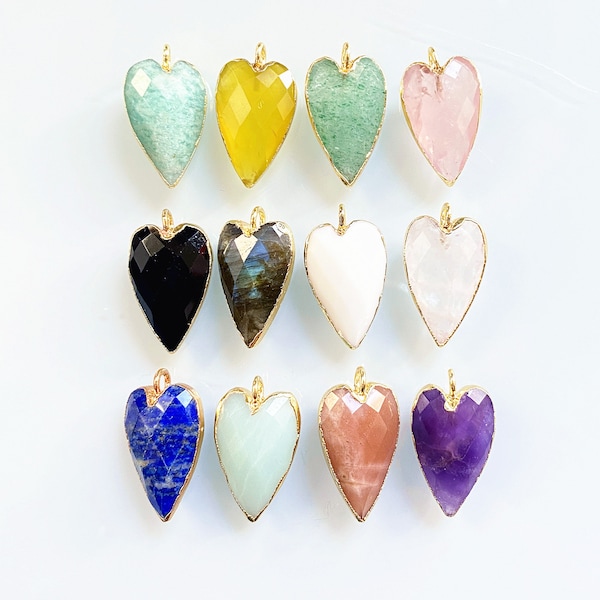 Cute Faceted Quartz Long heart Pendant, Love Charms Crystal, Healing Crystals with Gold Electroplated, 12 Gemstone for choose