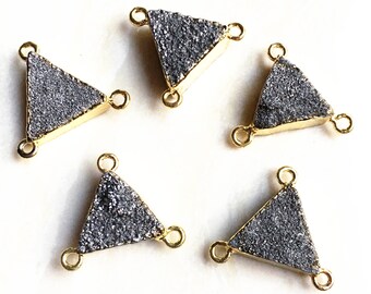 Sparkly Silver Druzy Agate Druzzy Triangle Pendants Connector Charm with Gold Plated Bails 1, 3, 5, 10 (D8F4_56)