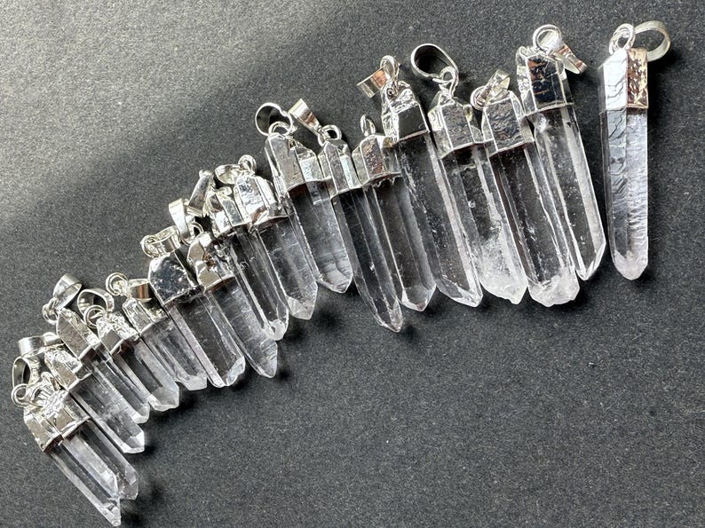 New Arrival Slender Rock Crystal Quartz Point Pendant with Electroplated Gold, Silver Natural Clear Crystal Size by Random (P85G54_10) image 9