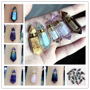 15 Gemstone Perfume Bottle Pendant Necklace For choose, Double Terminated Point Healing Crystal Quartz Bottle Pendant with Chain Necklace