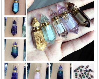 15 Gemstone Perfume Bottle Pendant Necklace For choose, Double Terminated Point Healing Crystal Quartz Bottle Pendant with Chain Necklace