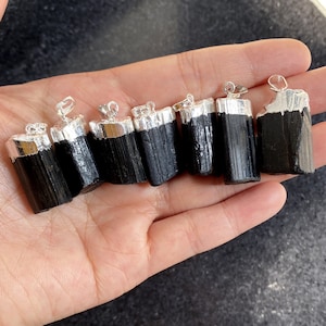 RAW Natural Black Tourmaline Charm Pendant - Raw Black Tourmaline with Silver Plated Bail