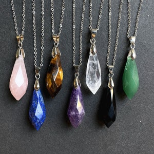 Faceted Gemstone Spike Point Pendant Charm Necklace, Rock Quartz Aventurine Amethyst Black agate Tiger Eyes Spike Healing Crystals
