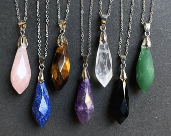 Faceted Gemstone Spike Point Pendant Charm Necklace, Rock Quartz Aventurine Amethyst Black agate Tiger Eyes Spike Healing Crystals