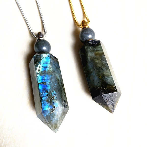 Labradorite Hexagon prism Bottle Pendant Necklace, Natural Gemstone Pendant, Perfume Bottle Pendant Long Necklace Jewelry