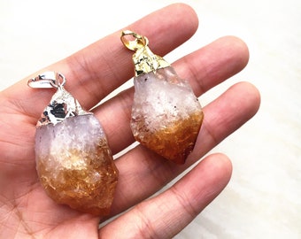 Raw Citrine Quartz Point Pendant Charm // Citrine Point Nugget Pendants with Silver / Gold Electroplated Caps (P5S84-04)