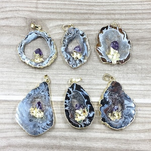 Natural Raw Amethyst Geode Agate Druzy Slice Pendants with Gold Electroplated, Silver Amethyst Geode Druzy // Wholesale price 1, 3, 5 B889 image 6