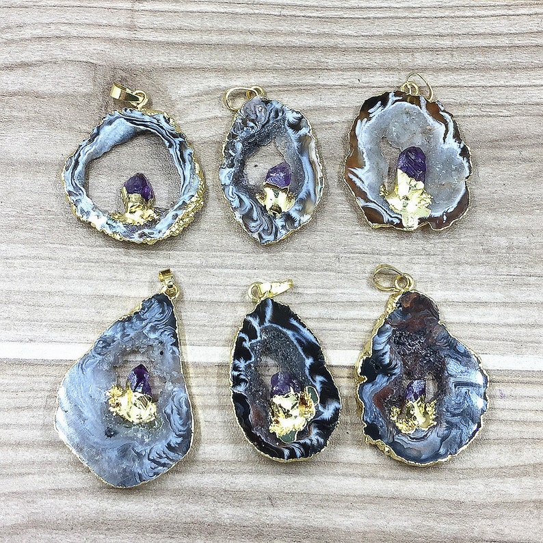 Natural Raw Amethyst Geode Agate Druzy Slice Pendants with Gold Electroplated, Silver Amethyst Geode Druzy // Wholesale price 1, 3, 5 B889 image 6