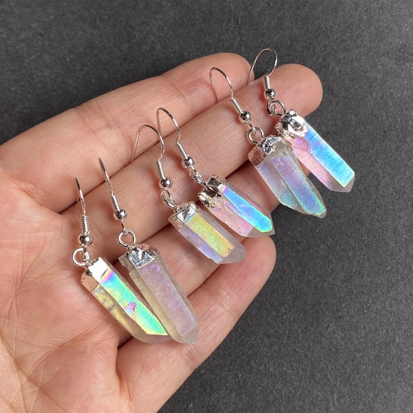 New Arrival Slender Angel Aura Crystal Quartz Point Earrings with Silver Plated, Rainbow Crystal with Earring Hook (P85G54_18)