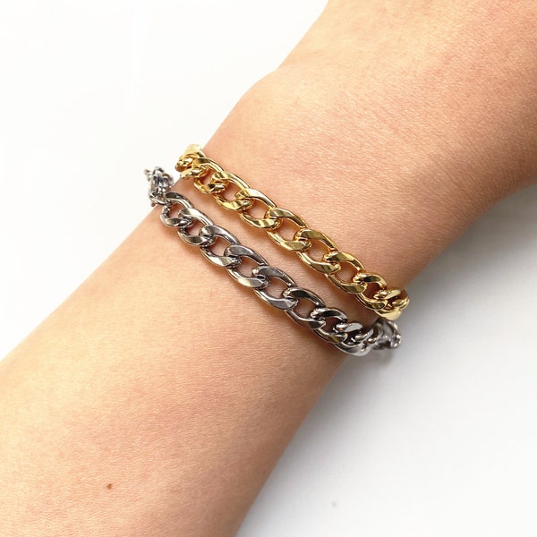 Stainless Steel Cuban Curb Chain Bracelet with 2" Extender Chain and Lobster Clasp, Finished Chain Cuban Link Bracelet, Gold Chain Bracelet