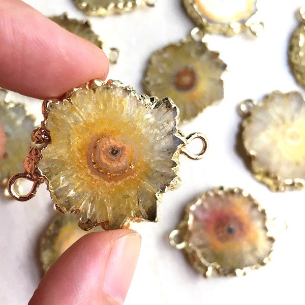 Mystical Yellow Geode Slice Druzy Crystal Gemstone with 24k Electroplated Gold Cap and Bail -- Double Bail Pendant Connector D54S21-11