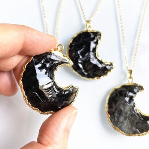 Natural Obsidian Crescent Moon Charm Pendant with 24k Gold Electroplated - Black Healing Crystal Gemstone Chain Necklace