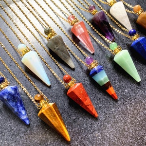 Dowsing Pointed Perfume Bottle Pendant Necklace, Natural Gemstone Chakra Crystal Quartz Perfume Bottle Pendant Long Necklace Jewelry