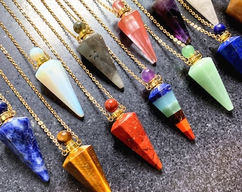 Dowsing Pointed Perfume Bottle Pendant Necklace, Natural Gemstone Chakra Crystal Quartz Perfume Bottle Pendant Long Necklace Jewelry