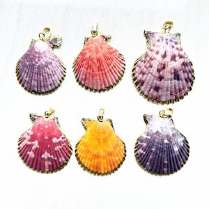SALE Natural Beautiful Large Scallop Shell Pendant - White Red Brown Purple Yellow Sea Beach Shells Pendant Necklace Electroplated in Gold